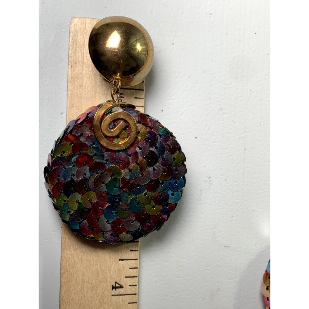 Vintage 90s Earrings Statement Womens Dangle Clip On Sequin Colorful Retro - Picture 11 of 12